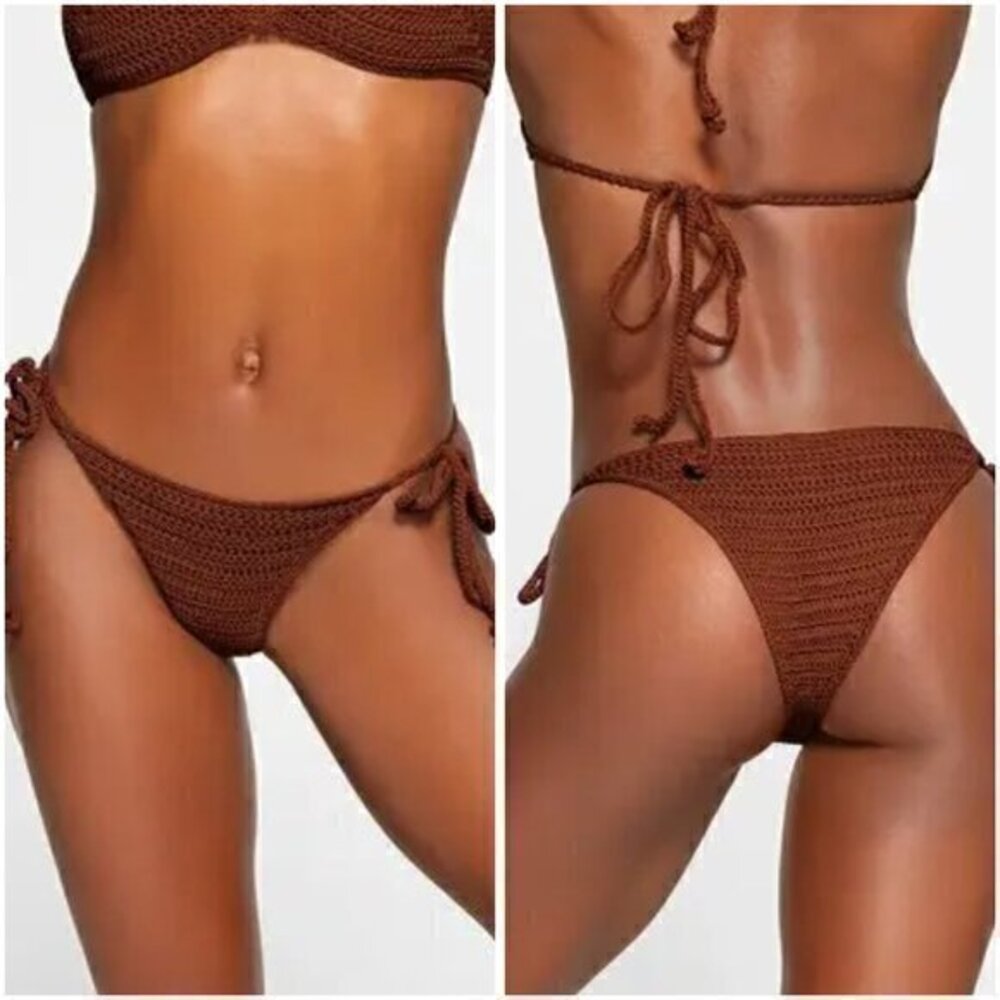 SKIMS Crochet Swim Tie Bikini Bottom in Jasper Brown Size 4X NWT